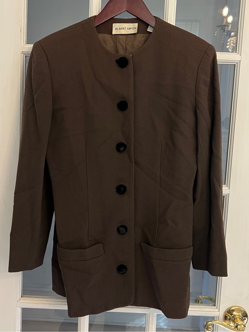 Albert Nipon Women’s Brown Wool Collarless Longline Button Front Jacket Size 4